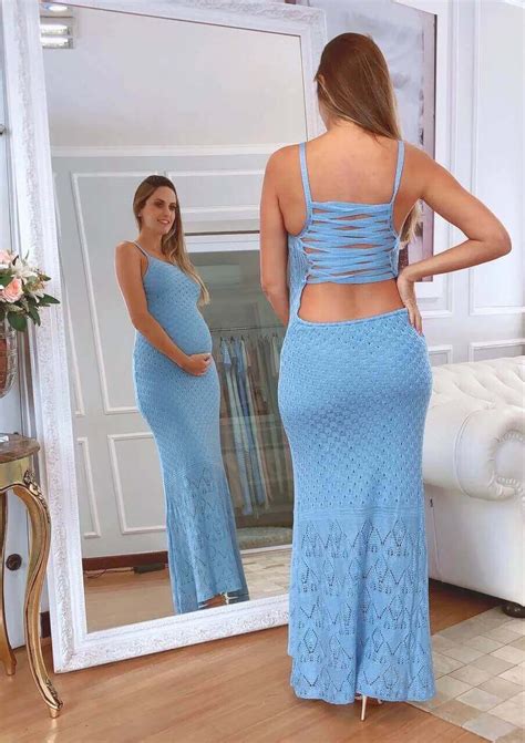 Vestido De Tricot Longo Tran Ado Nas Costas Gestante Maya Azul Moda