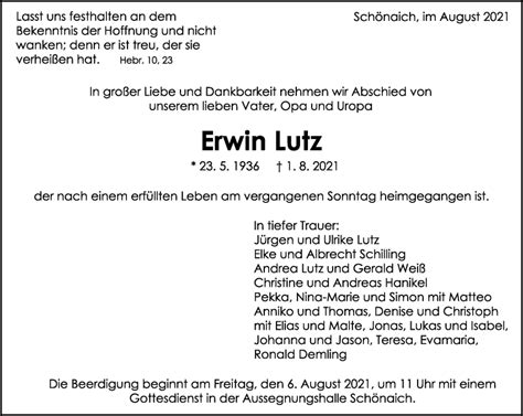 Traueranzeigen von Erwin Lutz Kreiszeitung Böblinger Bote