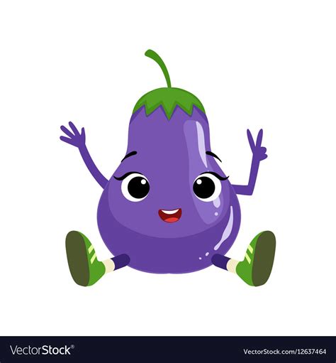 Big Eyed Cute Girly Eggplant Character Sitting Vector Image