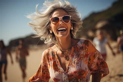 Premium Photo Mature Woman On Beach And Happy Or Funny Moment On Face