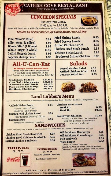 Online Menu Of Catfish Cove Restaurant Restaurant Sunnyvale Texas