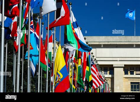 The Blue United Nations Flag And Flags From All Countries In The Court