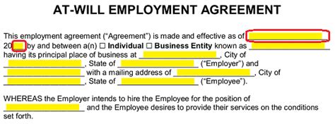 Free At Will Employment Contract Template Pdf Word Eforms