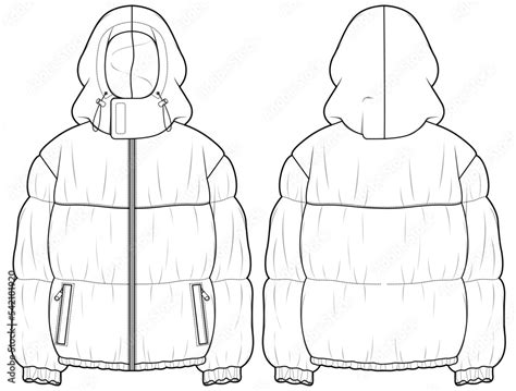 Hooded Puffer Jacket Design Flat Sketch Illustration Front And Back