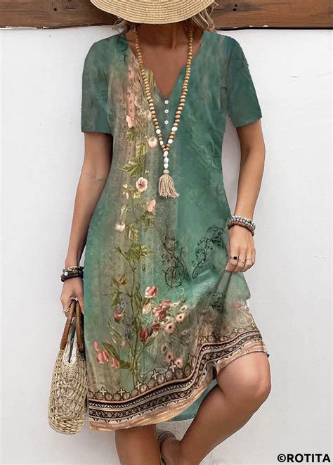 Rotita Button Floral Print Green A Line Split Neck Dress Rotita