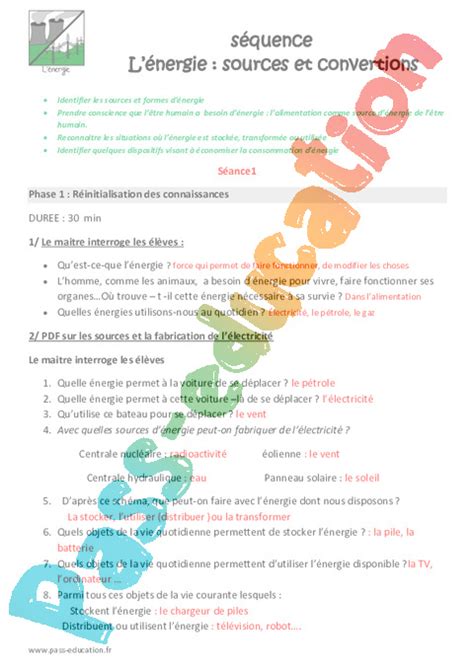 Energie Sources Et Convertions Cm Cm Fiche De Pr Paration