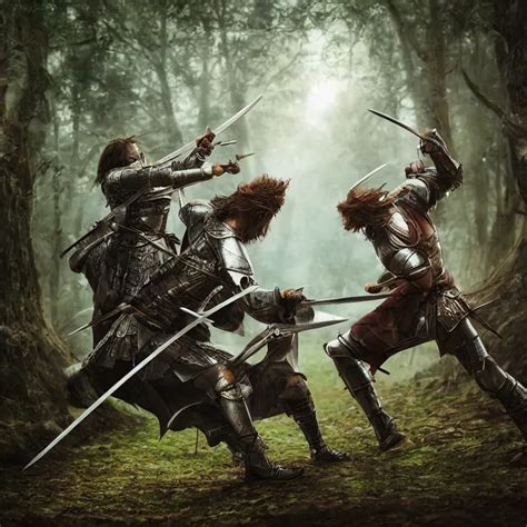 Two Knights Fighting With Swords In Forest Highly Stable Diffusion