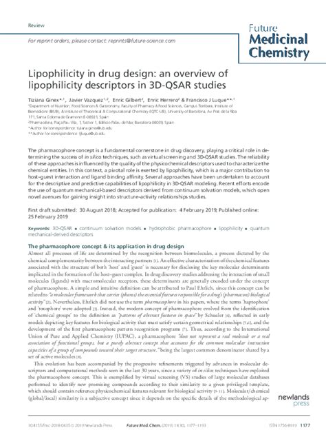 (PDF) Lipophilicity in drug design: an overview of lipophilicity descriptors in 3D-QSAR studies