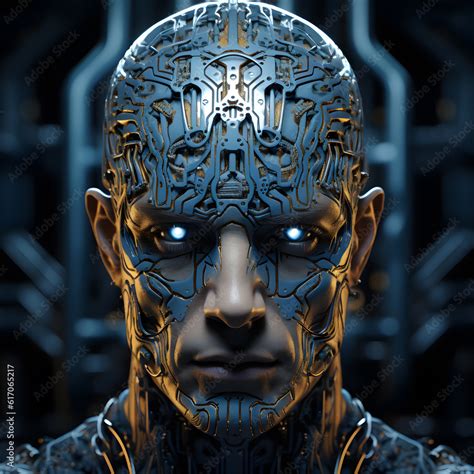 Cyberpunk Metallic Android Portrait Front View Hyperrealism Luminous