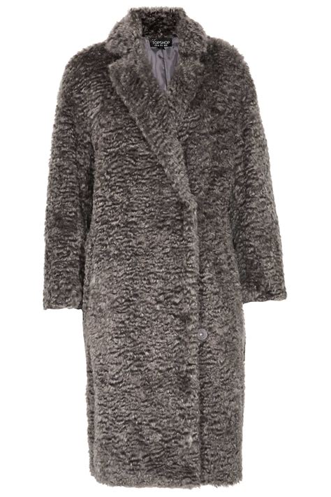 Topshop Curly Faux Fur Long Coat In Gray Lyst