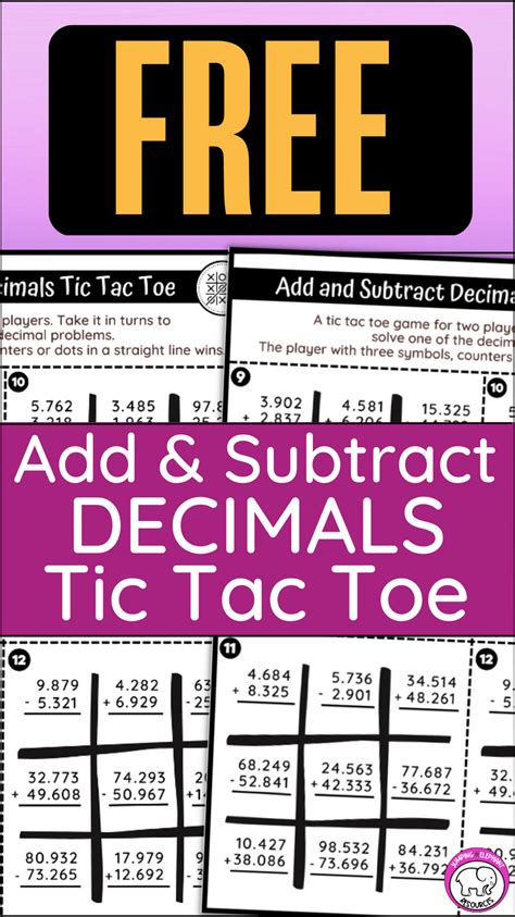 Free Add And Subtract Decimals Tic Tac Toe Games Worksheets