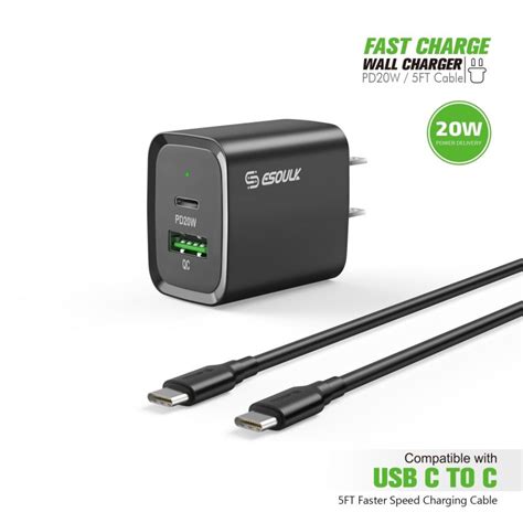 Esoulk W Pd Qc Fast Wall Charger Ft Usb C To C Cable Black