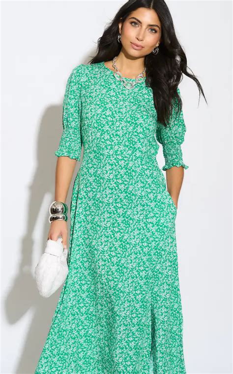 Ditsy Floral Midi Tea Dress In Green Sarta Silkfred Us