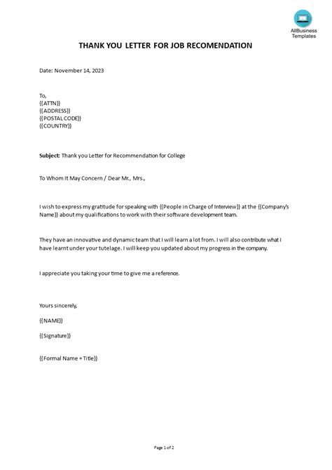 Editable Thank You Letter For Job Recommendation Templates At