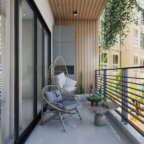 Coastal Balcony Railing Design With Grey Storage Unit And Wooden Floor