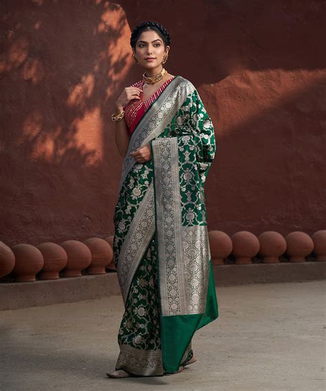 Handloom Emerald Green Pure Katan Silk Jangla Banarasi Saree Weaverstory