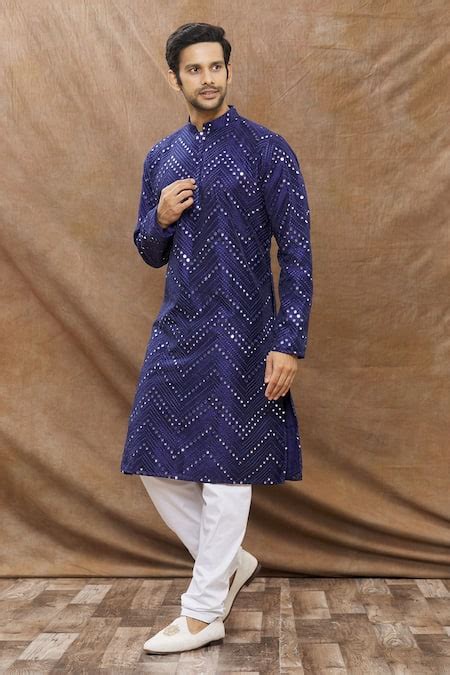 Buy Blue Cotton Blend Embroidered Zig Zag Mirror Kurta Set For Men By