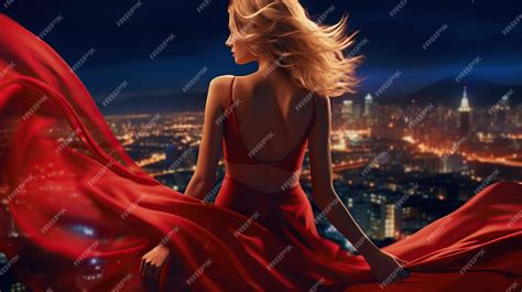 Premium Photo Back Side In Red Flying Dress Woman Red Flying Dress