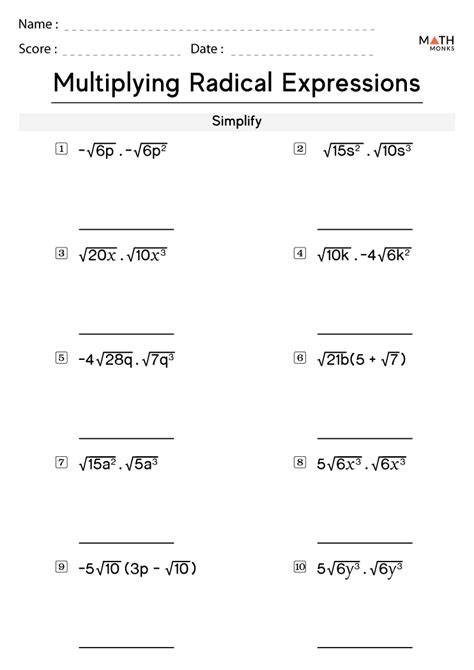 Multiplying Radicals Worksheets Math Monks