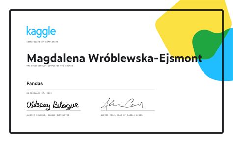 Magdalena Wróblewska Ejsmont completed the Pandas course on Kaggle