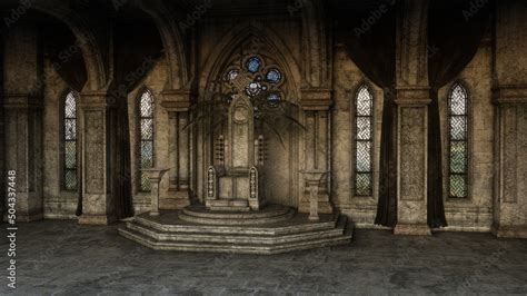 Fantasy medieval throne room with gothic arches and windows. 3D ...