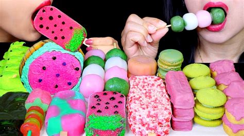 Asmr Watermelon Ice Cream Bars Dango Warabi Mochi Rose Jelly Cream Puffs Macaron Mooncakes