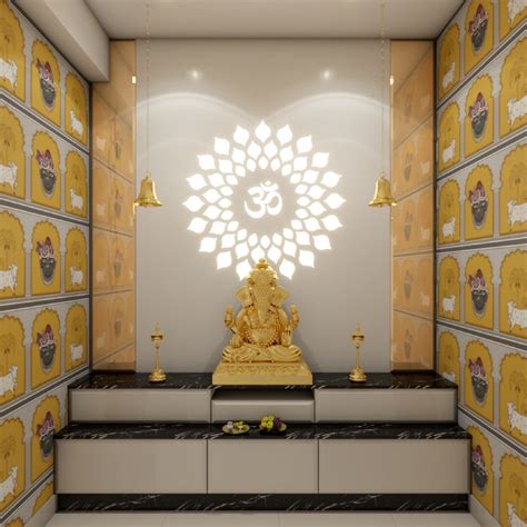 Two Level Pooja Room Design With Strip Lighting Livspace