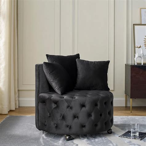 Modern Velvet Upholstered Swivel Chair For Living Room With Button Tufted Design