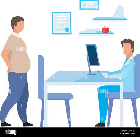 Obese Man Visiting Dietitian Flat Vector Illustration Stock Vector