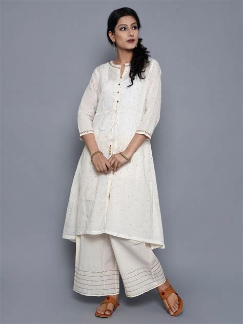 Off White Cotton Hand Embroidered Kurta With Palazzo Set Of 2