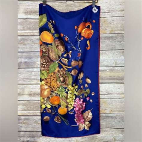 MANTERO VIII Silk Scarf Royal Blue With Fruit And Fall Foliage New