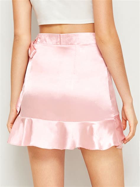 Ruffle Hem Tie Side Satin Skirt Romwe