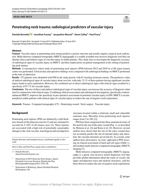 Penetrating Neck Trauma Radiological Predictors Of Vascular Injury Request Pdf