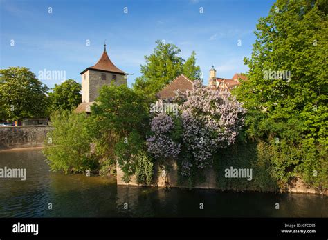 Houses at the Kocher river, Schwaebisch Hall, Hohenlohe region, Baden ...