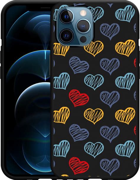 Hoesje Geschikt Voor Iphone Pro Max Zwart Doodle Hearts Bol