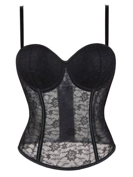 Black Sexy Floral Lace Cupped Mesh Strap Gothic Overbust Corset Top