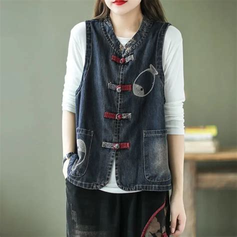 Gilet En Denim R Tro Brod Pour Femmes Haut Sans Manches Grande