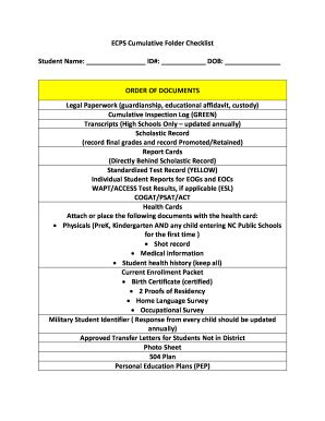 Cumulative Folder Checklist Fill Online Printable Fillable Blank