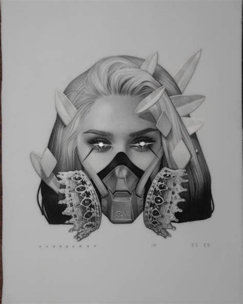 A Drawing Of A Woman Wearing A Gas Mask With Horns On Her Head And Eyes