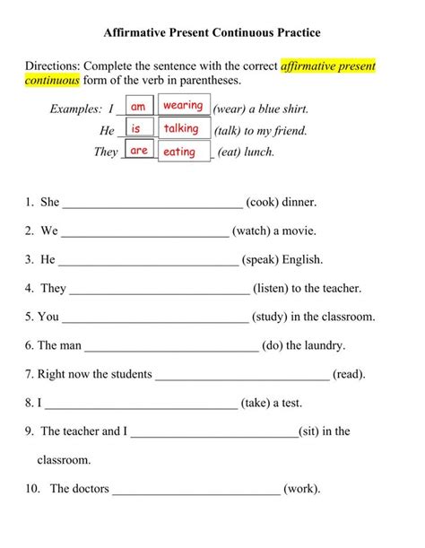 Present Continuous Affirmative Exercise Simple Past Tense