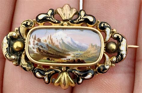 19th Century Swiss Enamel Alps Mountains Scene Brooch Gem