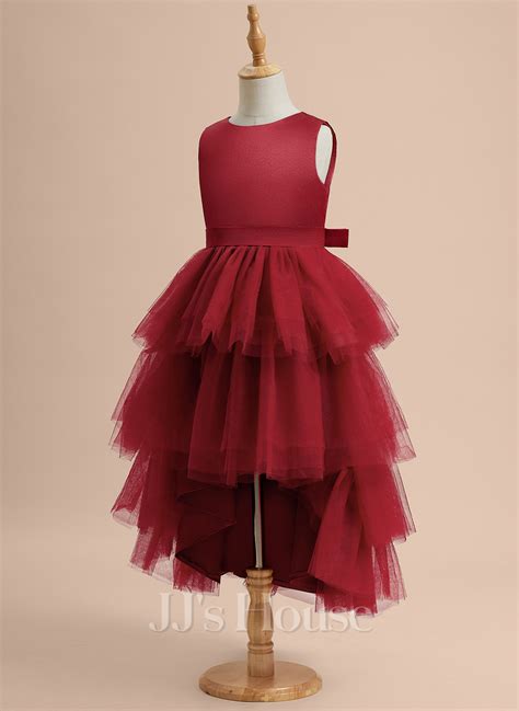 Ball Gown Princess Scoop Asymmetrical Satin Tulle Flower Girl Dress