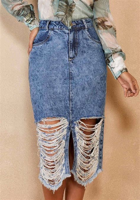 Saia Jeans Midi Destroyed Rasgado Fenda Titanium Jeans Azul Jeans