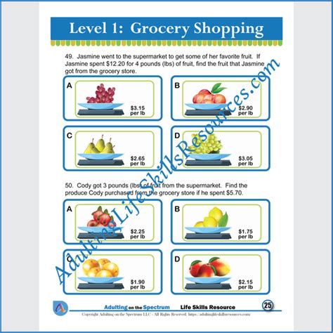 Functional Money Math Life Skills Worksheets Grocery Shopping Level 4