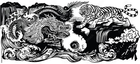 Chinese East Asian Dragon Versus Tiger In The Landscape Graphic Style