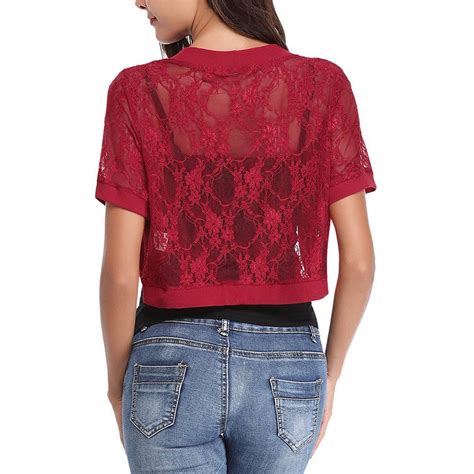 Buy Women Solid Color Short Sleeve Floral Lace Shrug Open Front Bolero