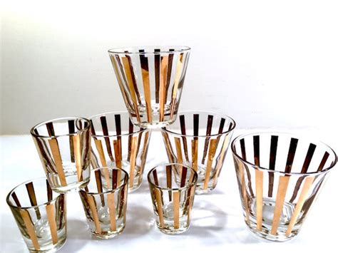 Mid Century 22 Karat Gold Striped 8 Piece Old Fashion And Shot Glass S Retro Solstice