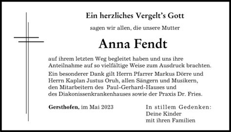 Traueranzeigen Von Anna Fendt Augsburger Allgemeine Zeitung