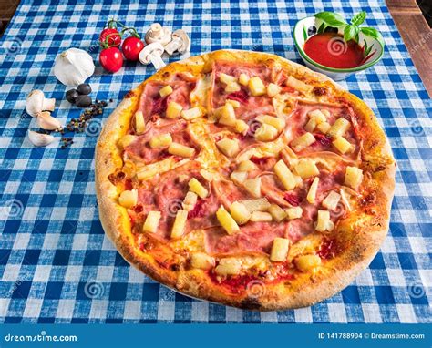 Hawaiian Pineapple And Ham Pizza With Cheese Stock Photo Image Of