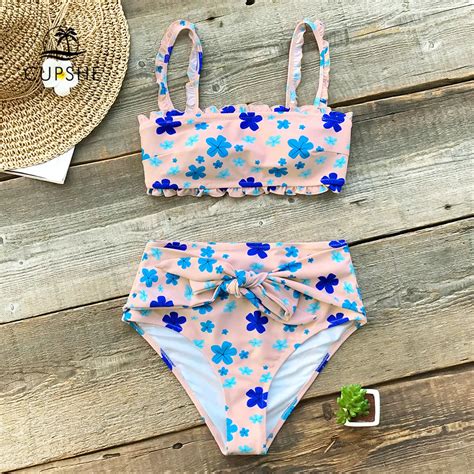 Cupshe Pink Floral Print Ruffled Tank Bikini Sets Women Bowknot High